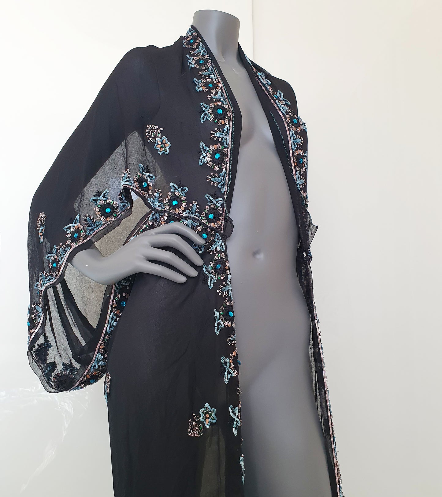 Luxurious draped kimono in silk mix, black with beautiful hand embroidered trim in gold and blue (M-L)