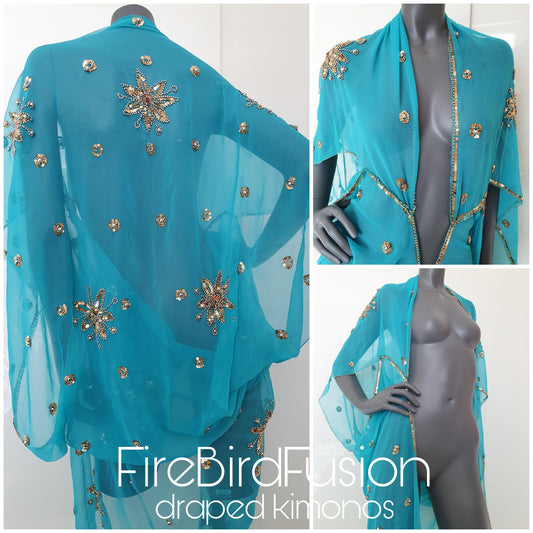 Draped kimono, sky blue with elaborated hand embroidery with pale antique gold sequins and amber beads (M)