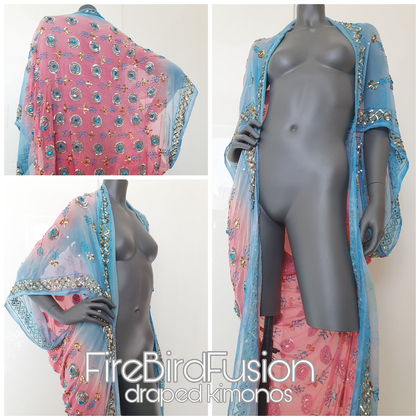 Draped kimono in light pink & blue, hand embroidered with silver and blue beads (M-L)