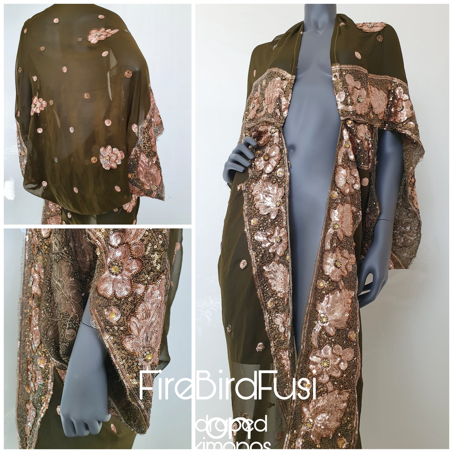 Draped kimono in olive green with elaborated hand embrodery with pale golden sequins (M)