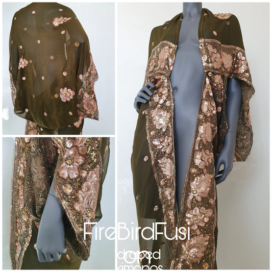 Draped kimono in olive green with elaborated hand embrodery with pale golden sequins (M)