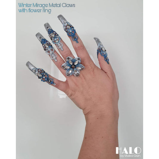 The Winter Mirage ornate metal claws with ring in silver & blue (set of 5 claws)
