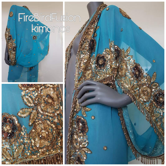 Luxurious bright blue draped kimono with beautiful hand embroidered trim with sequins and beaded fringe (M-L)