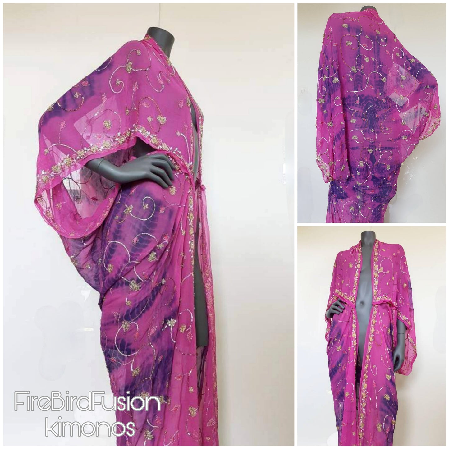 Draped kimono, hand dyed batik in cerise and navy (XL-XXL)