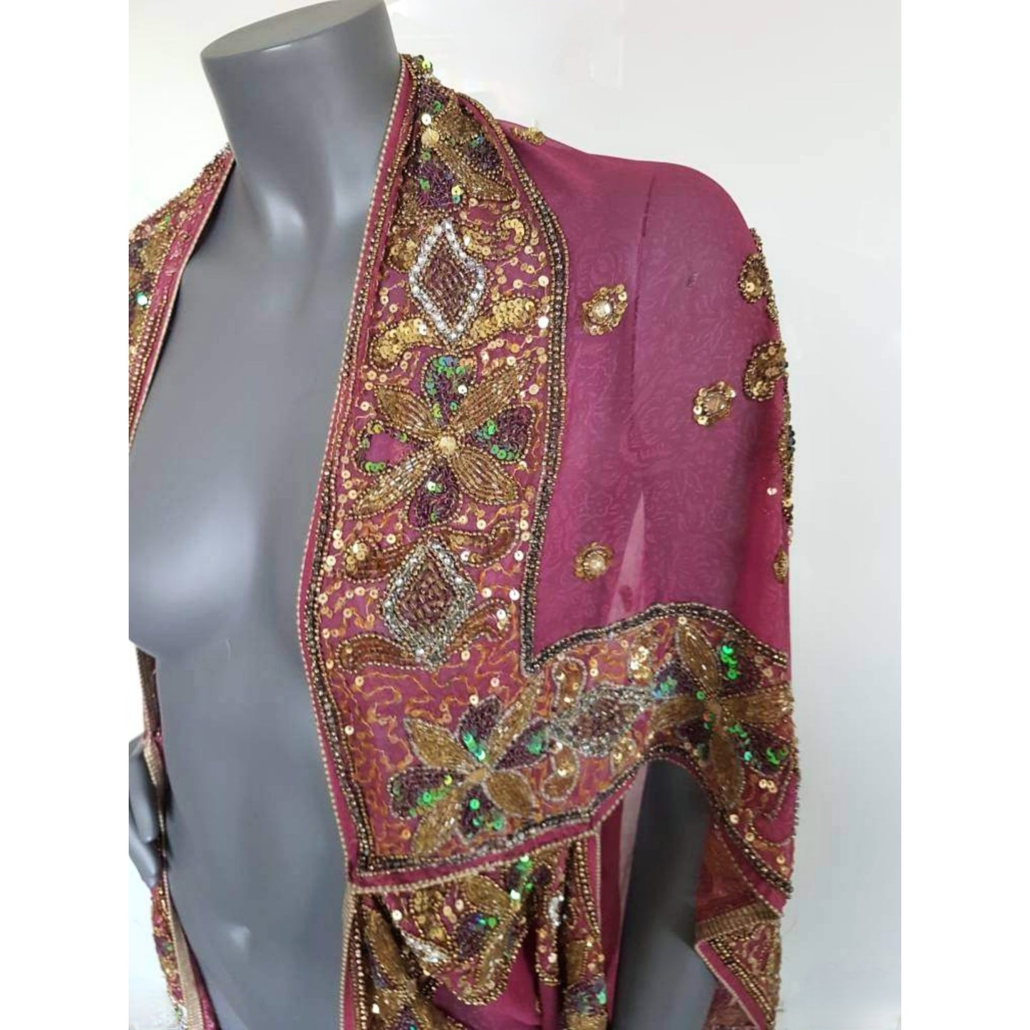 Luxurious draped kimono with beautiful hand embroidered trim sequins and beads (M-L)