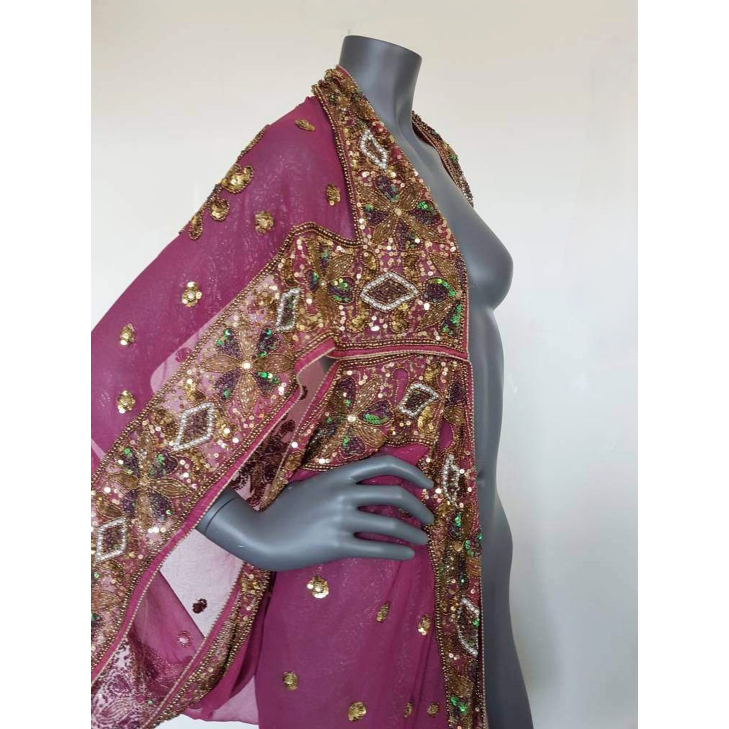 Luxurious draped kimono with beautiful hand embroidered trim sequins and beads (M-L)