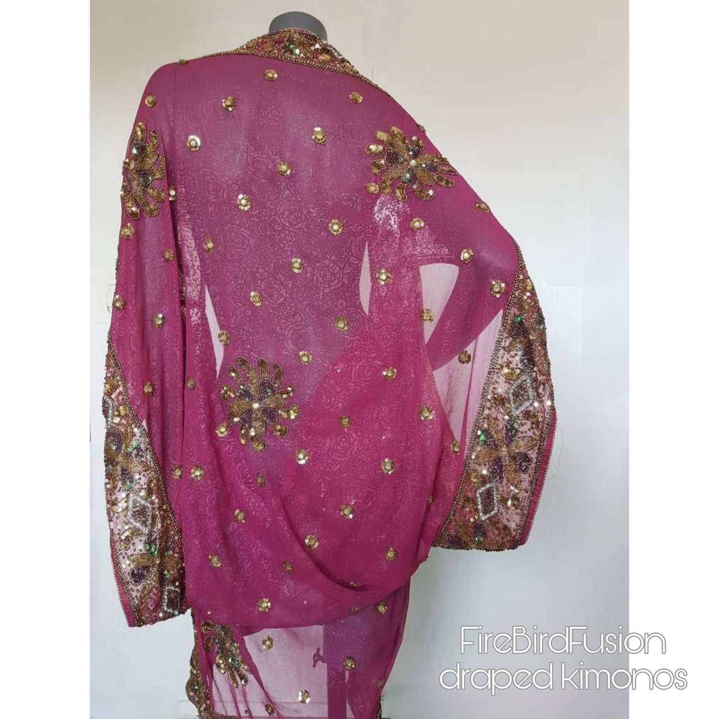 Luxurious draped kimono with beautiful hand embroidered trim sequins and beads (M-L)