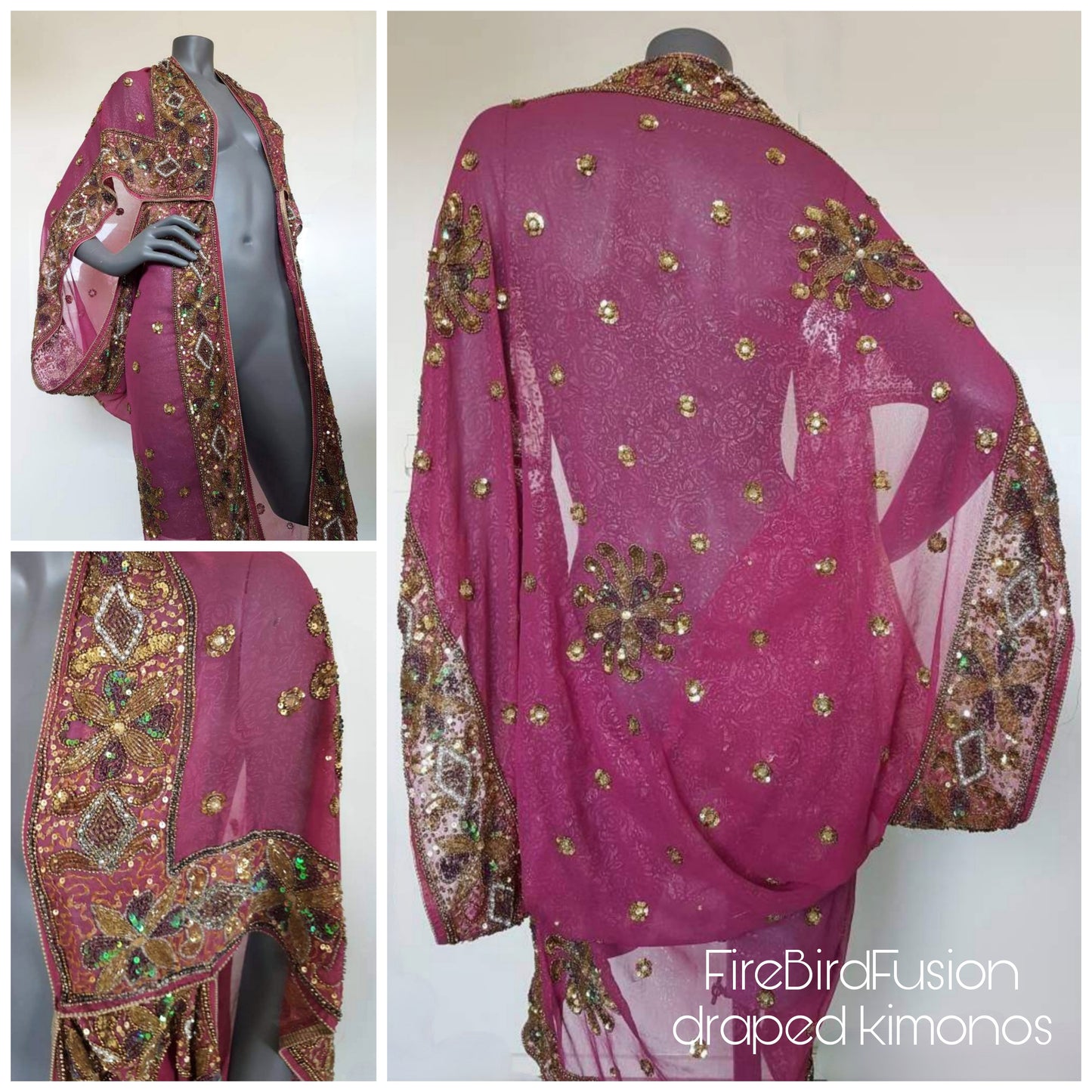 Luxurious draped kimono with beautiful hand embroidered trim sequins and beads (M-L)