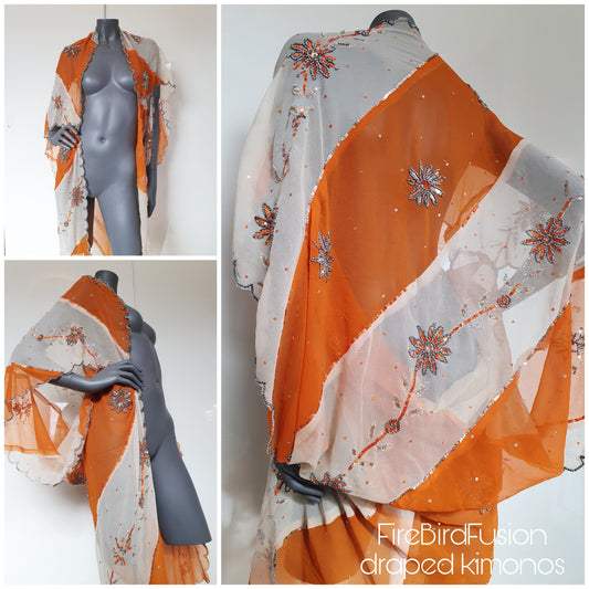 Draped kimono in orange and white with floral hand embroidery (M)