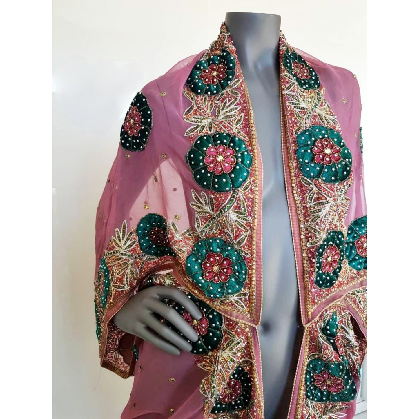 Luxurious semi sheer dusty pink draped kimono, beautifully hand embroidered with velvet appliques (XL)
