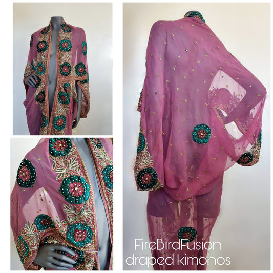 Luxurious semi sheer dusty pink draped kimono, beautifully hand embroidered with velvet appliques (XL)