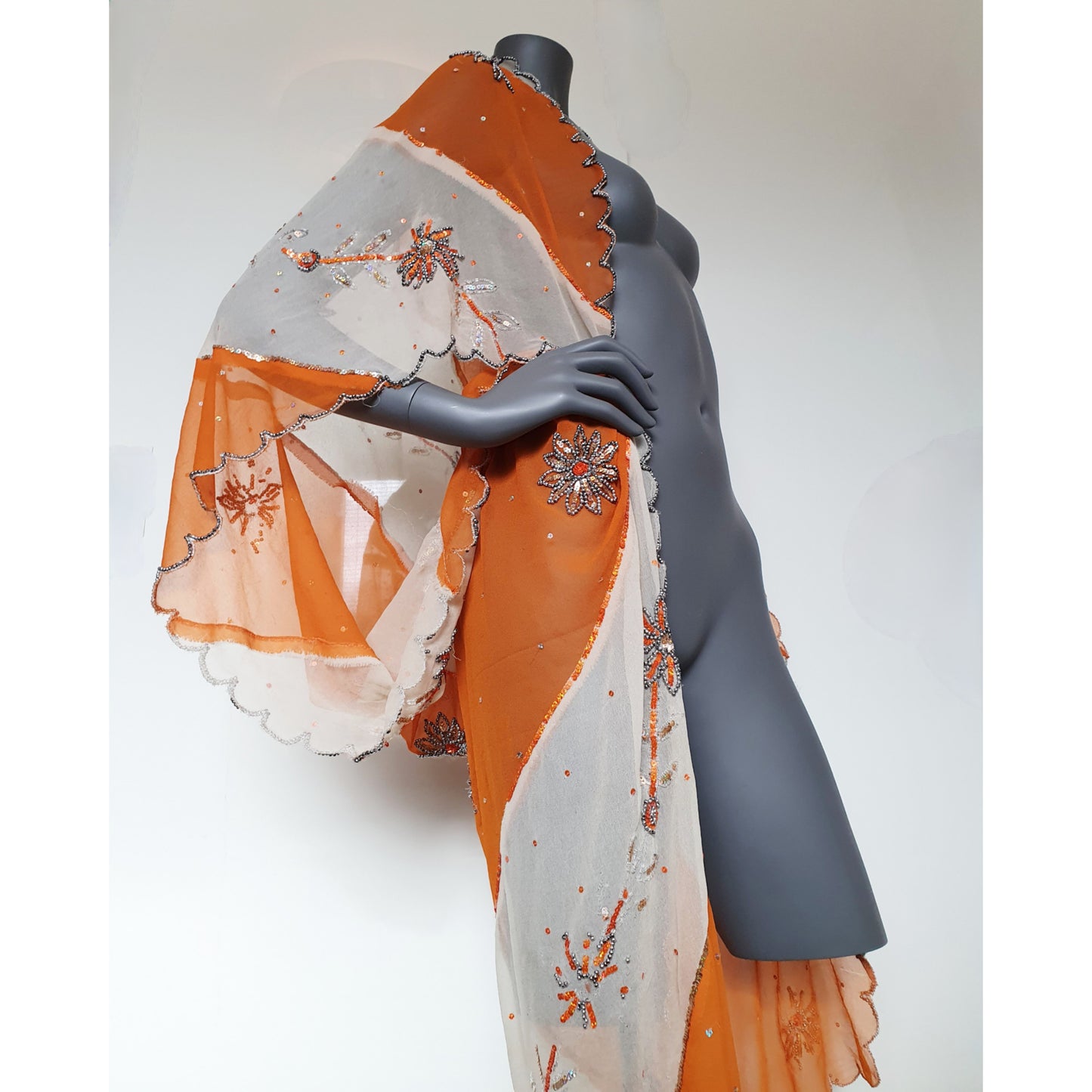 Draped kimono in orange and white with floral hand embroidery (M)