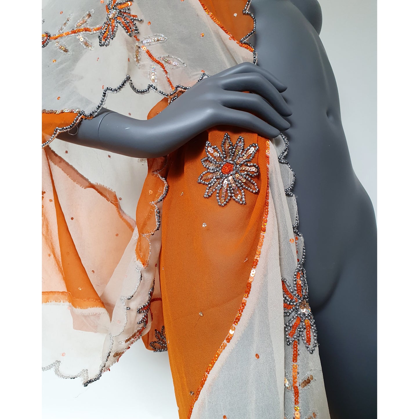 Draped kimono in orange and white with floral hand embroidery (M)