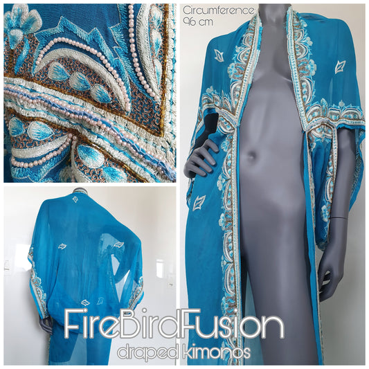 Luxurious blue draped kimono with beautiful hand embroidered trim (M)