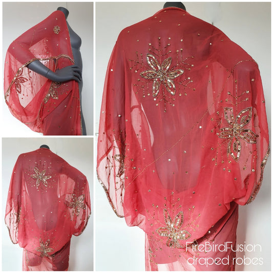 Draped kimono in salmon pink with beautiful hand embroidery (M)