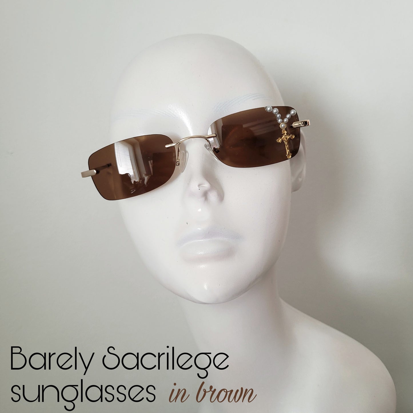 Sacrilegious Collection: The Barely Sacrilege Sunglasses, limited edition rectangular unisex sunnies in brown