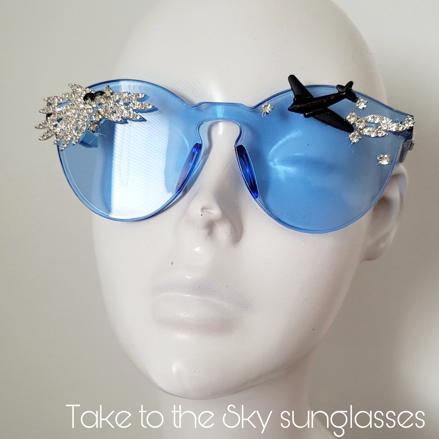 Plexi Visions collection: The Take to the Sky sunglasses with crystal clouds, plane & bird