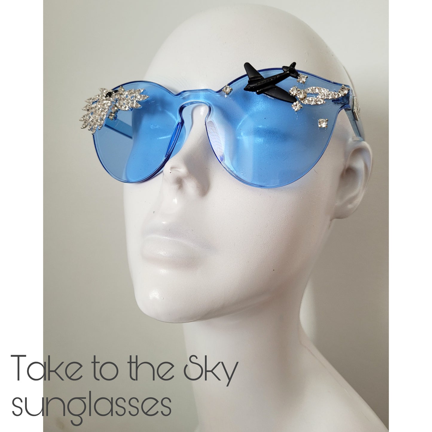 Plexi Visions collection: The Take to the Sky sunglasses with crystal clouds, plane & bird