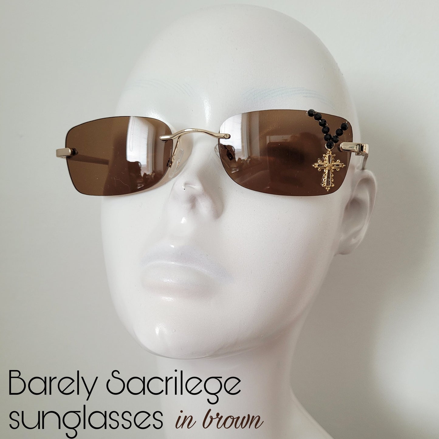 Sacrilegious Collection: The Barely Sacrilege Sunglasses, limited edition rectangular unisex sunnies in brown