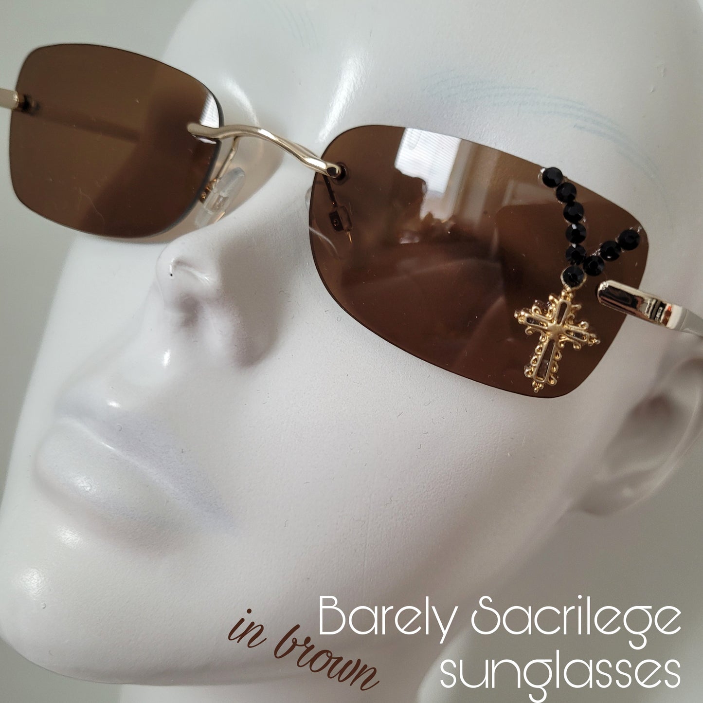 Sacrilegious Collection: The Barely Sacrilege Sunglasses, limited edition rectangular unisex sunnies in brown