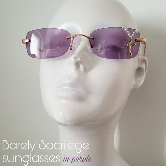 Sacrilegious Collection: The Barely Sacrilege Sunglasses, limited edition rectangular unisex sunnies in purple