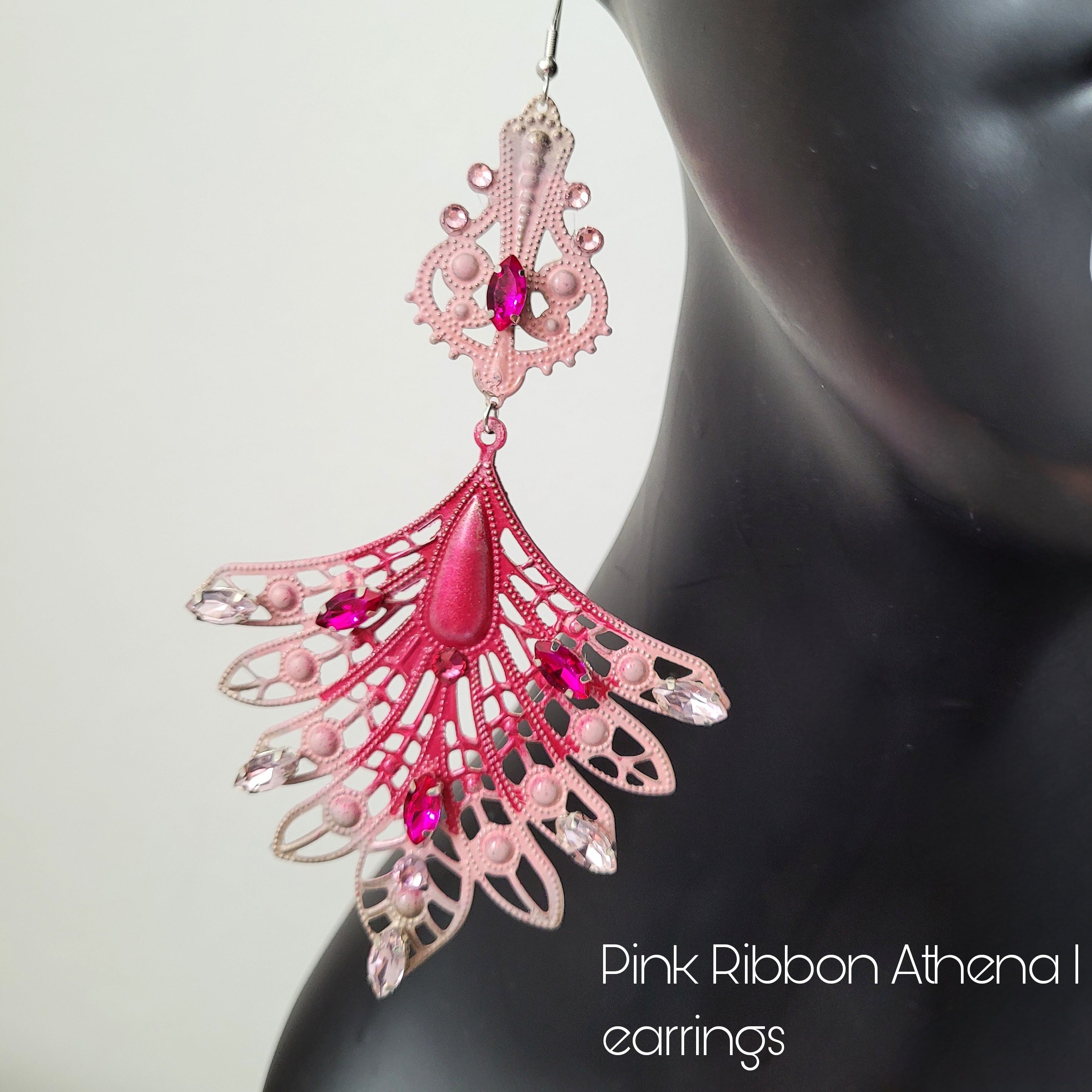 Pink Ribbon Crystal Heart Dangling Stud Earrings