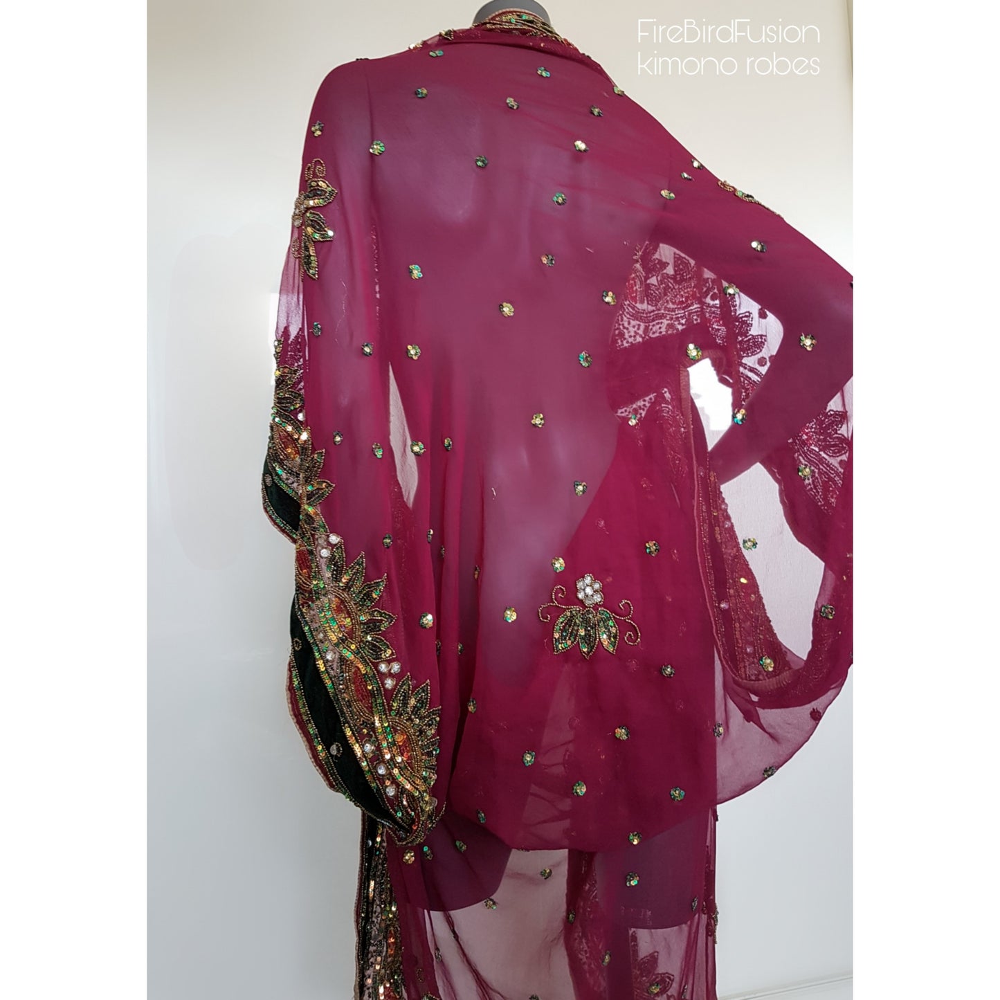 Luxurious semi sheer draped kimono in rich dark pink, beautifully hand embroidered with velvet appliques (L)