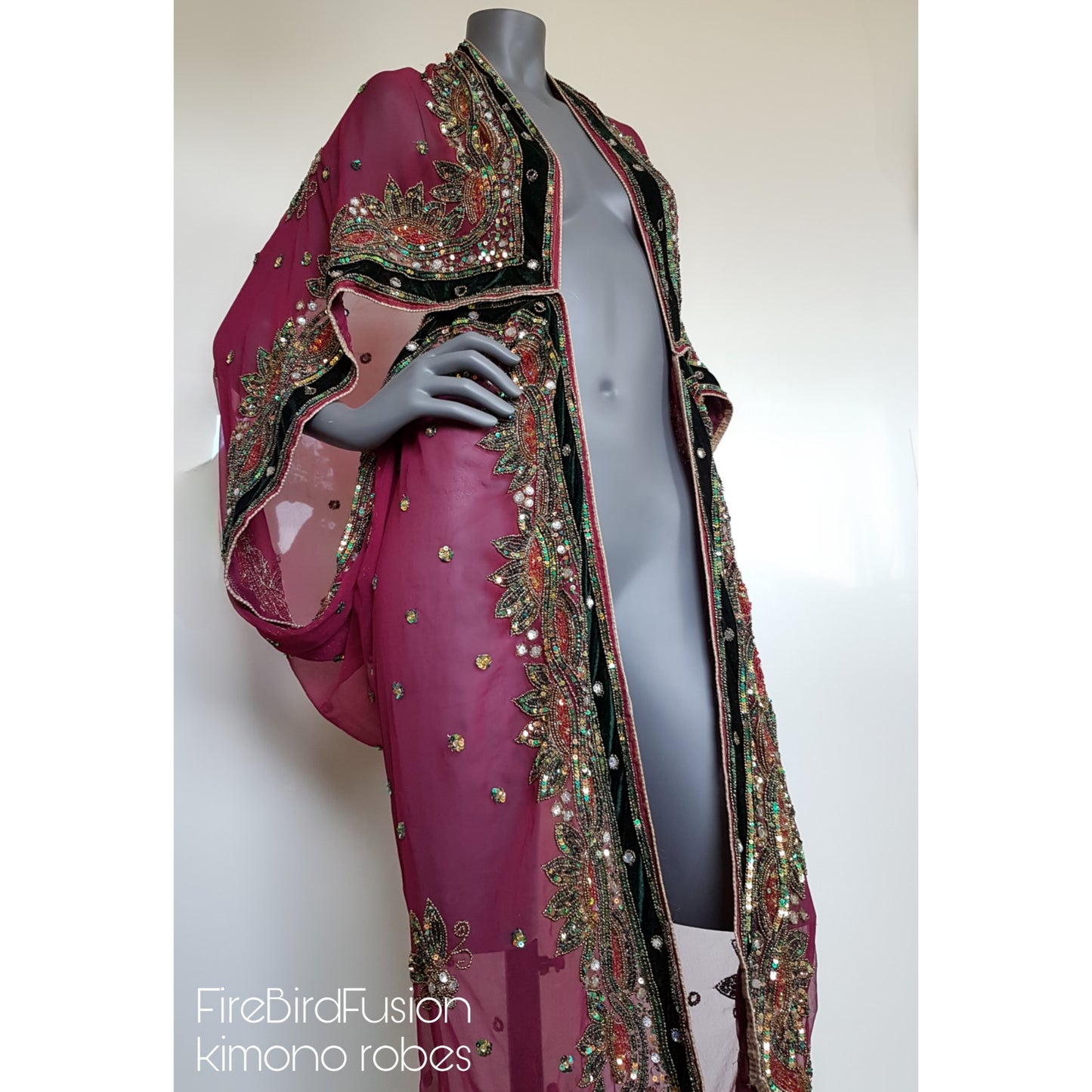 Luxurious semi sheer draped kimono in rich dark pink, beautifully hand embroidered with velvet appliques (L)