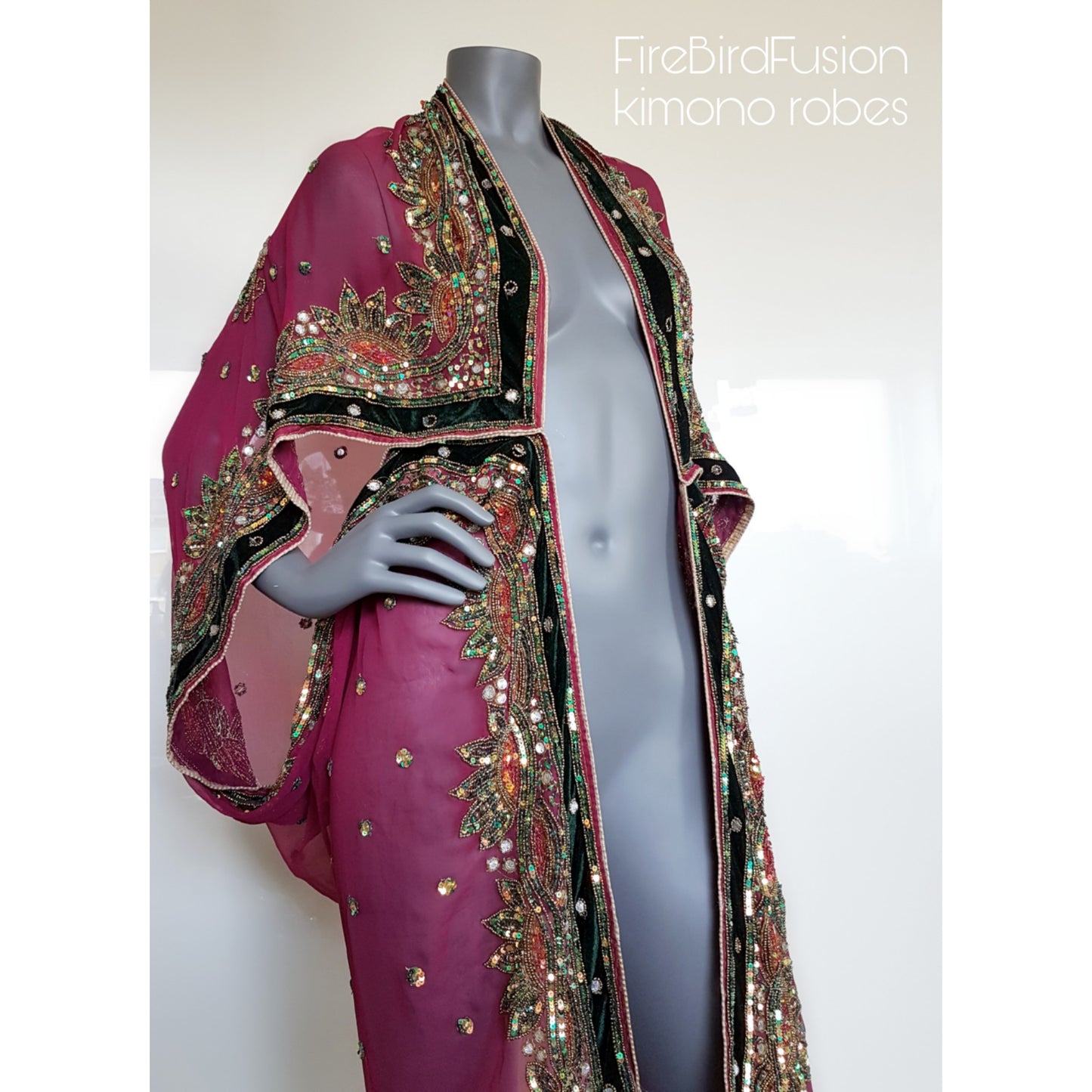 Luxurious semi sheer draped kimono in rich dark pink, beautifully hand embroidered with velvet appliques (L)