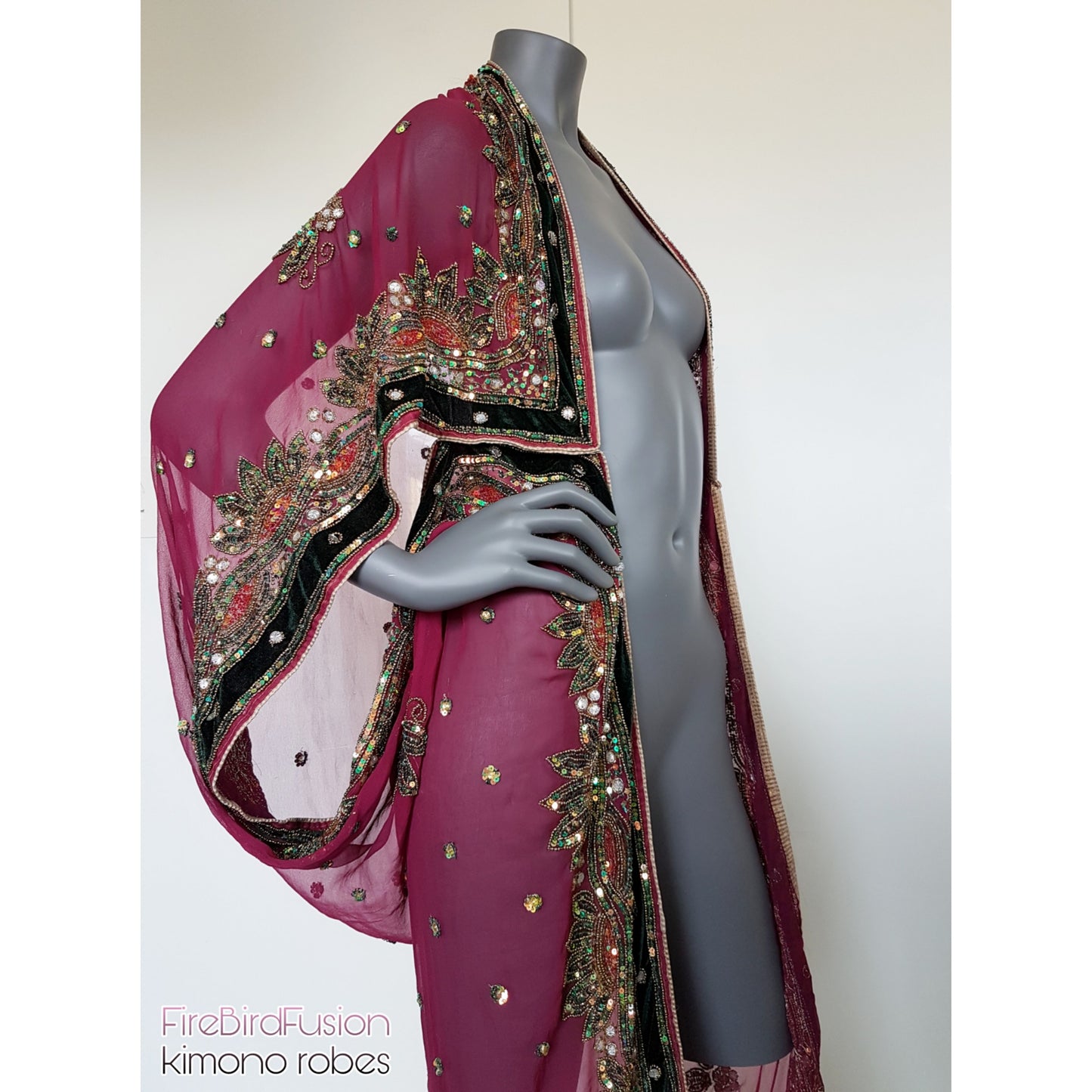 Luxurious semi sheer draped kimono in rich dark pink, beautifully hand embroidered with velvet appliques (L)