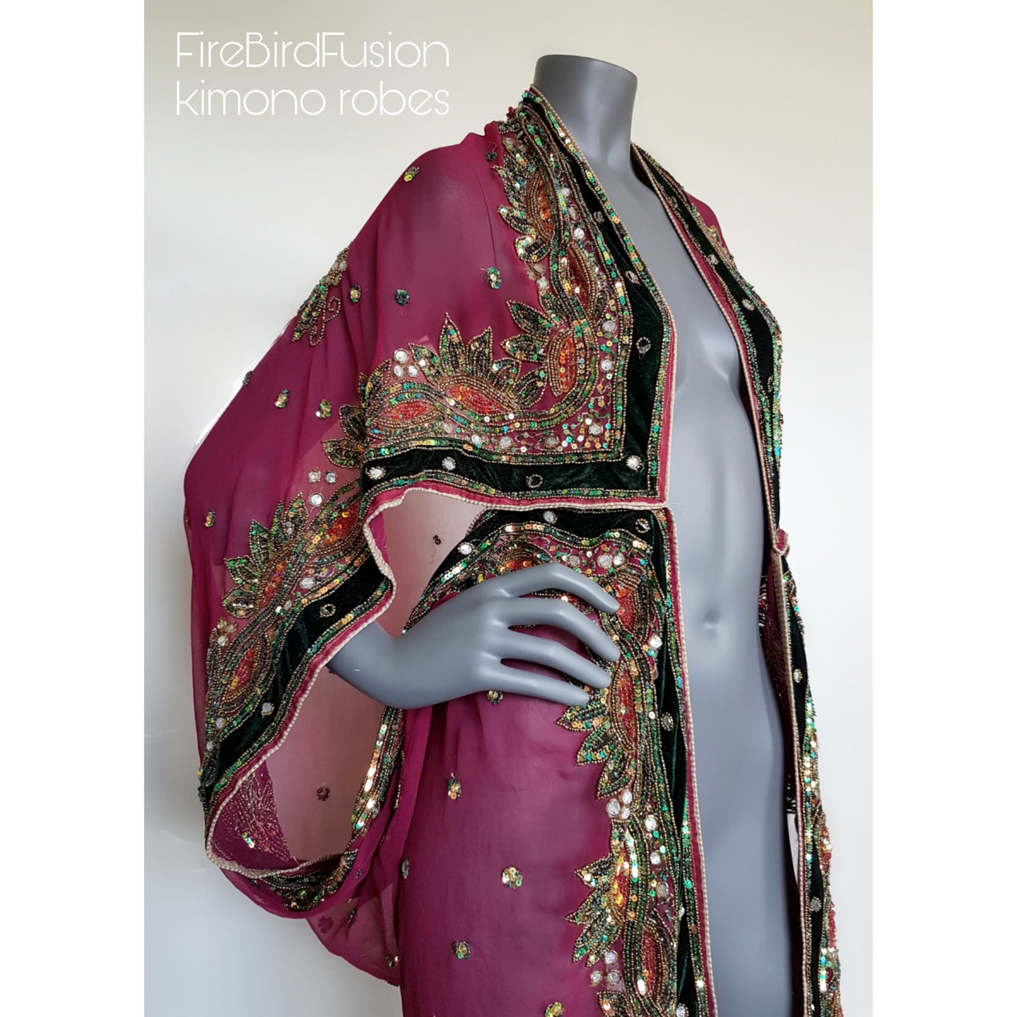 Luxurious semi sheer draped kimono in rich dark pink, beautifully hand embroidered with velvet appliques (L)