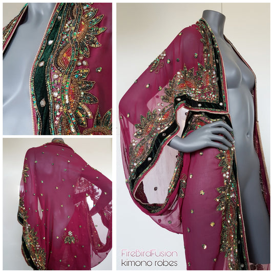 Luxurious semi sheer draped kimono in rich dark pink, beautifully hand embroidered with velvet appliques (L)