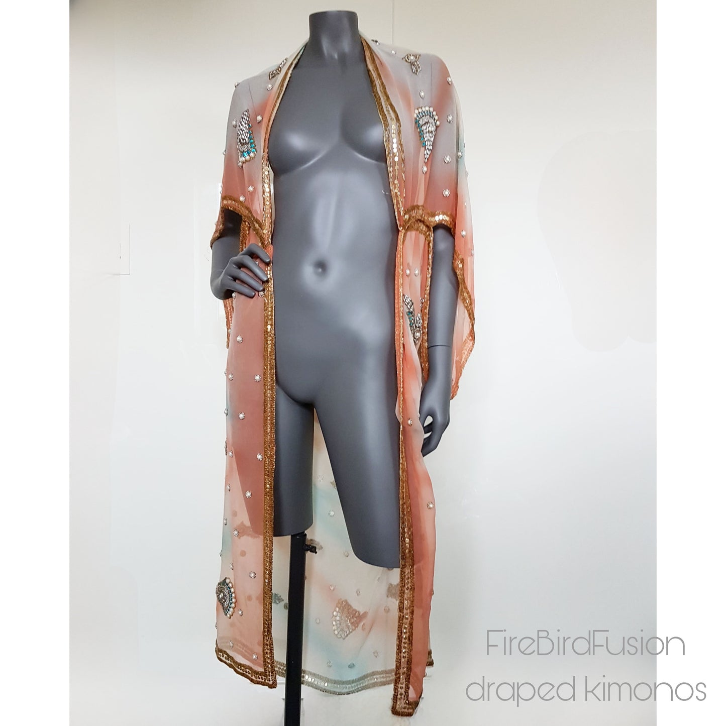Luxurious semi sheer draped kimono in white, blue and pink with pearl embroidery (M)