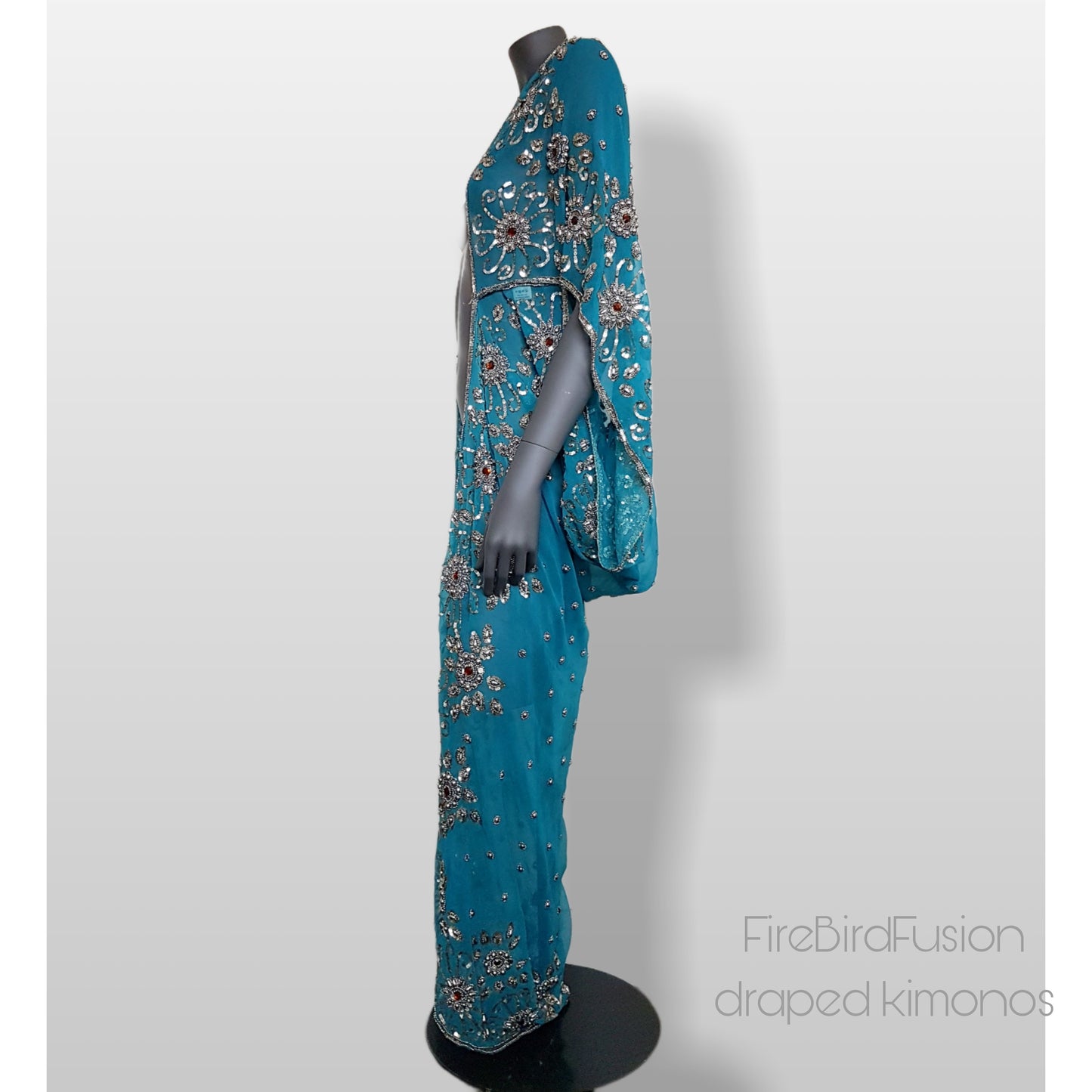 Draped kimono, blue with elaborated hand embroidery with silver & amber sequins and beads (L)