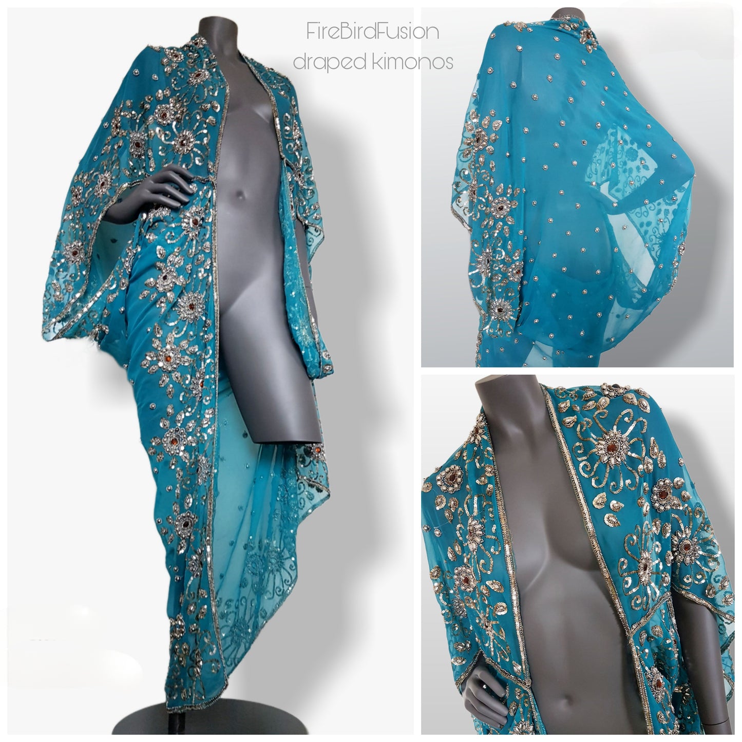 Draped kimono, blue with elaborated hand embroidery with silver & amber sequins and beads (L)