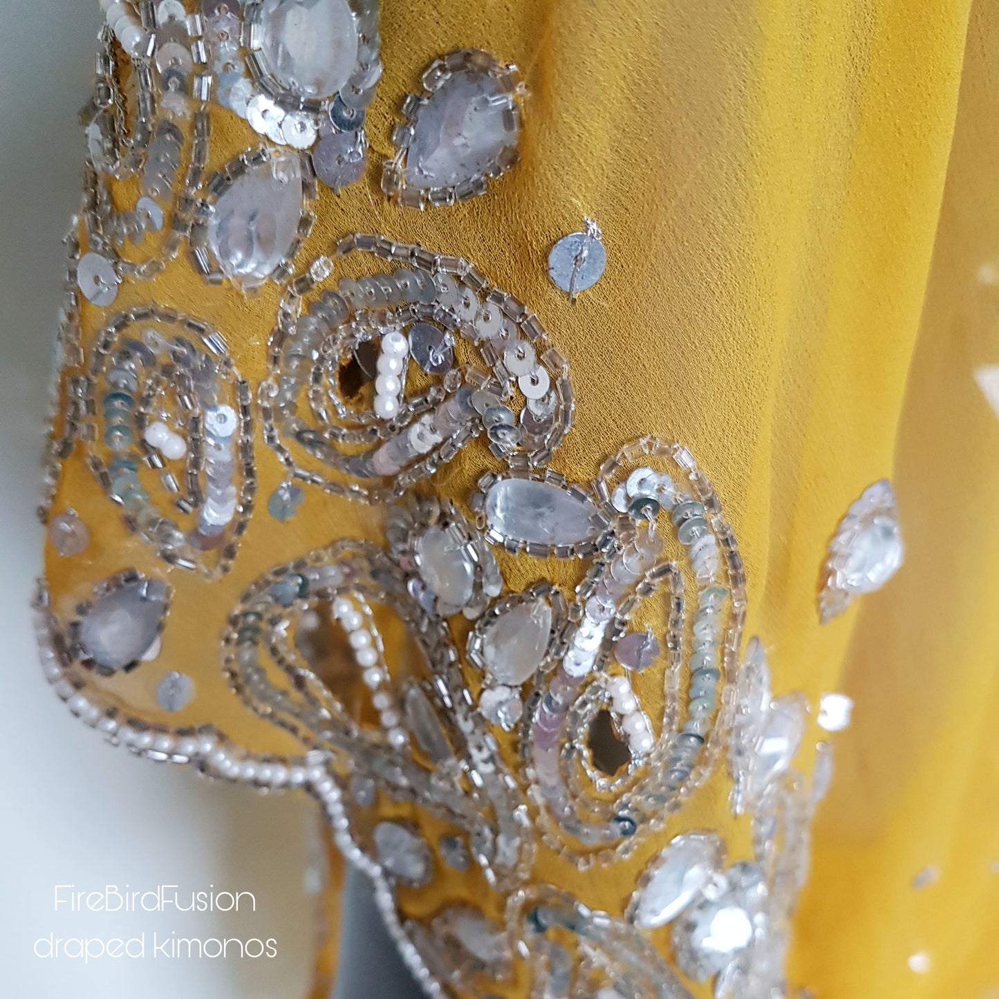 Draped semi sheer kimono in yellow with pearl and rhinestone embroidery (M-L)
