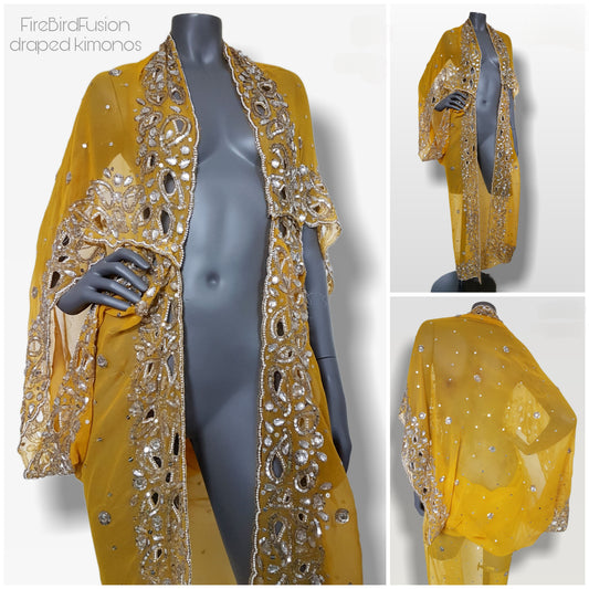 Draped semi sheer kimono in yellow with pearl and rhinestone embroidery (M-L)