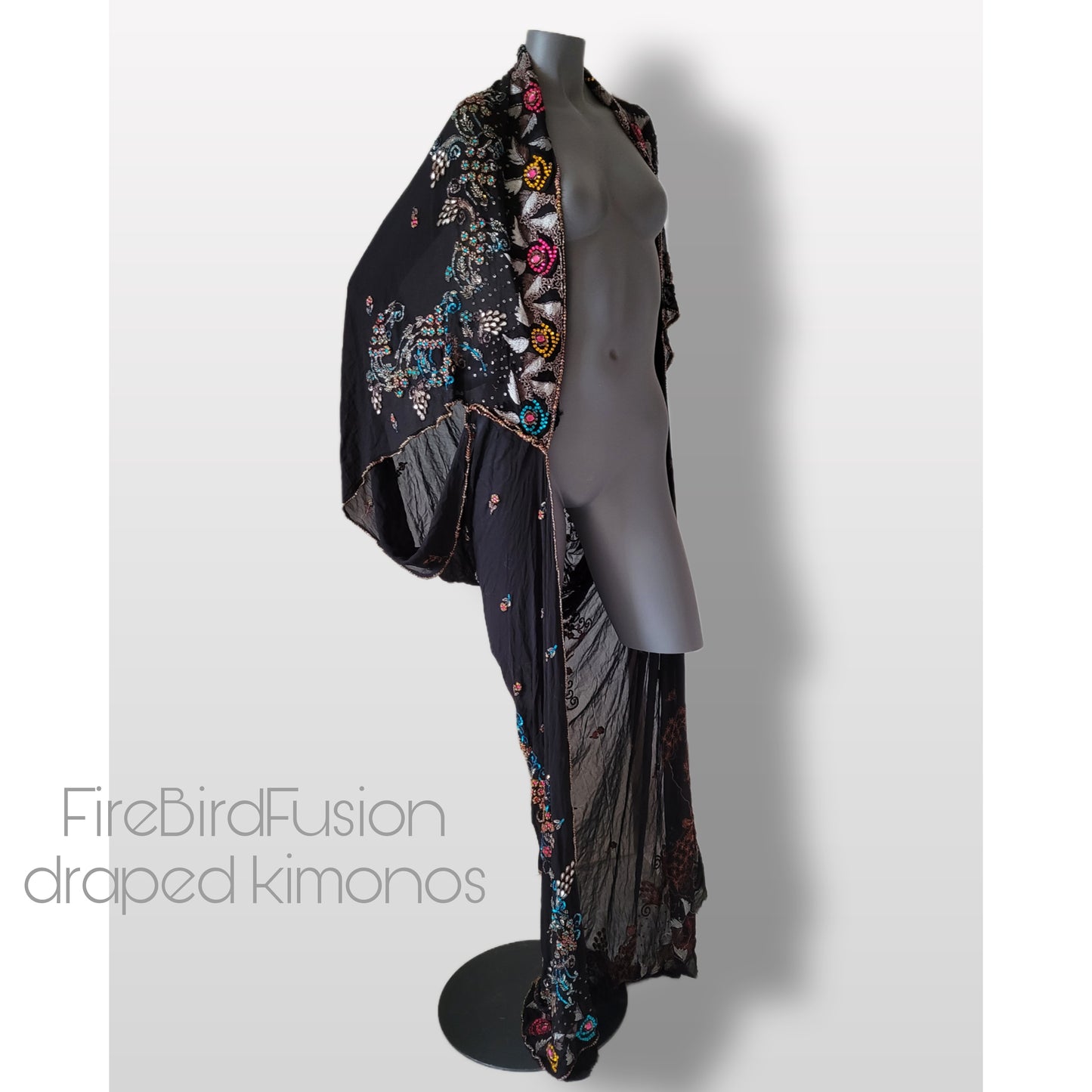 Luxurious draped pure silk kimono, black with beautiful hand embroidered pattern in vivid pride colours (XL-XXL)