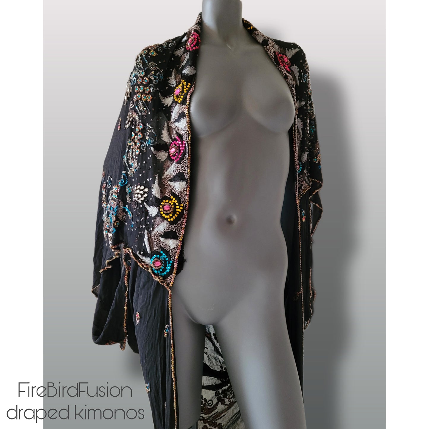 Luxurious draped pure silk kimono, black with beautiful hand embroidered pattern in vivid pride colours (XL-XXL)