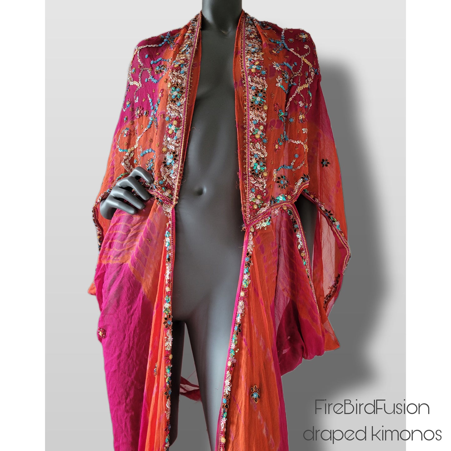 Luxurious draped silk mix kimono, hand dyed in hot pink and orange with stunning embroidery in pride colours (XL)