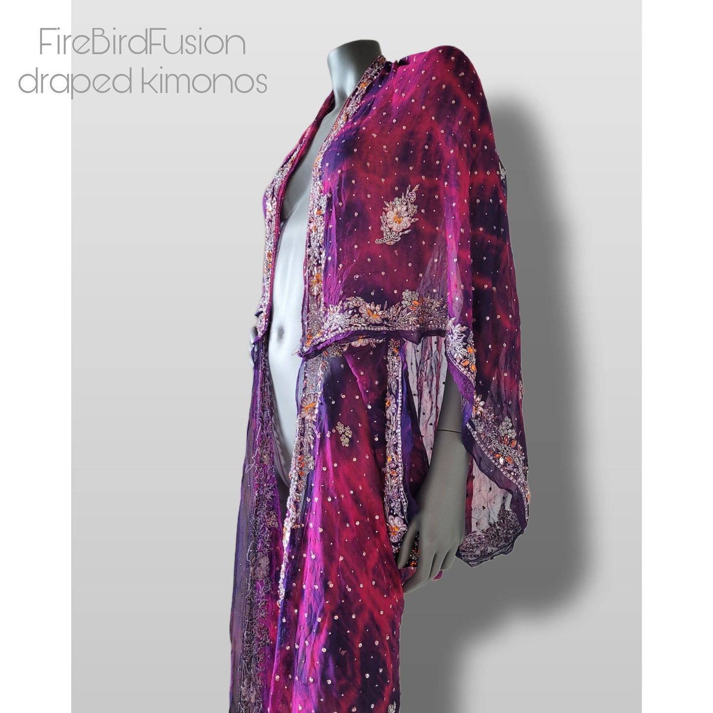 Luxurious draped kimono in pure silk, hand dyed batik in fucshia and purple with stunning embroidery (L-XL)