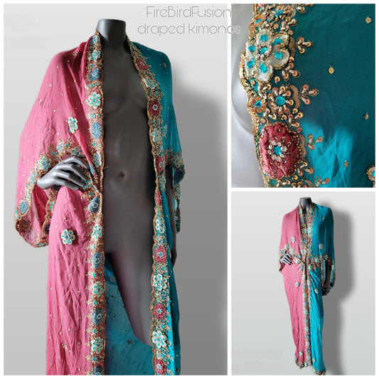 Luxurious draped kimono in pink and blue with elaborated hand embellishment in blonze, velvet appliques and crystal glass rhinestones (XL)