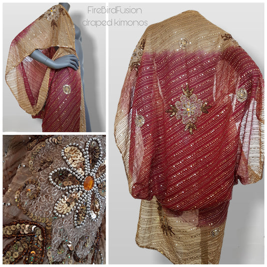 Draped kimono in dark beige/hazelnut and wine with elaborated sequin flower hand embroidery (L)