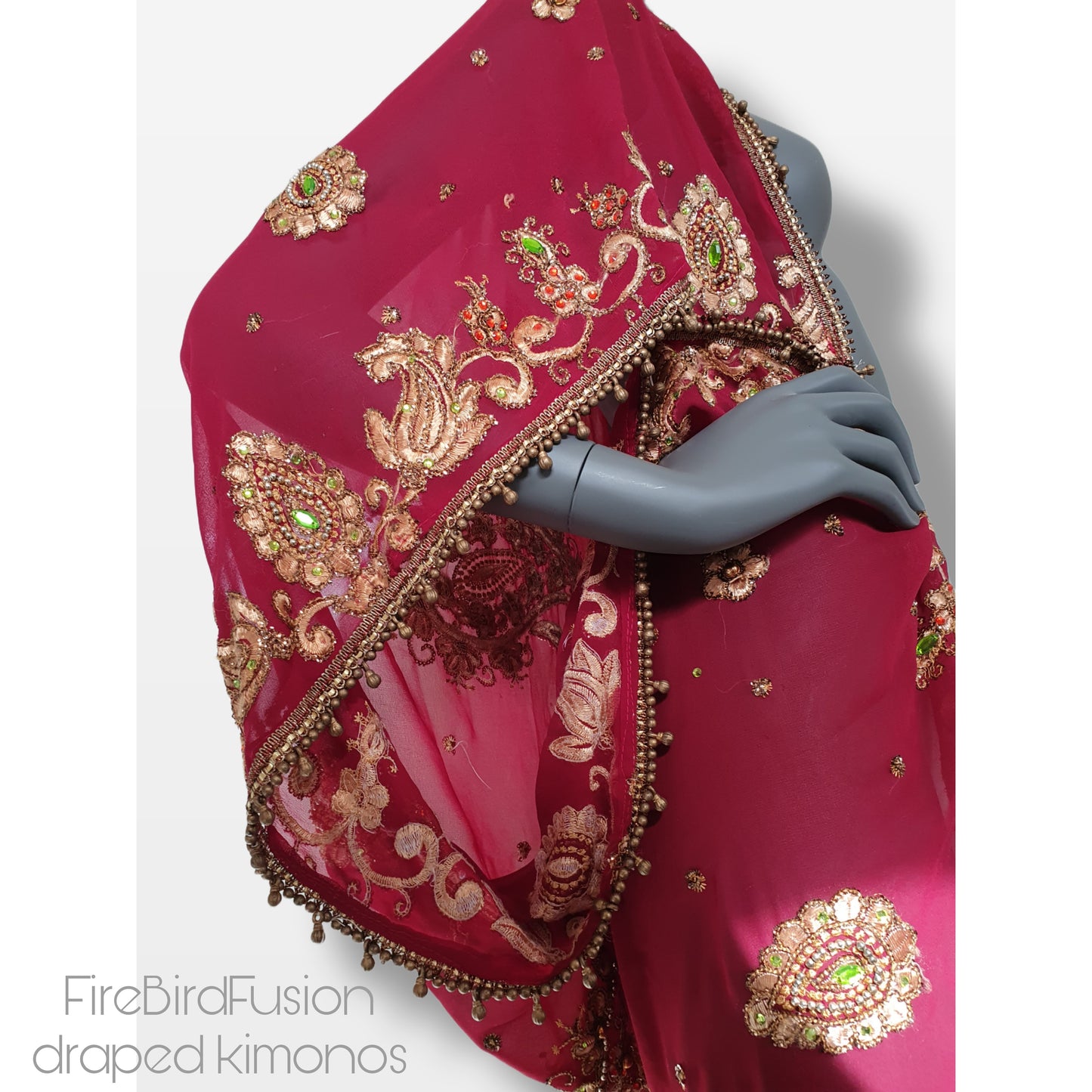 Draped kimono, dark red with elaborated embrodery and beaded trim (L)