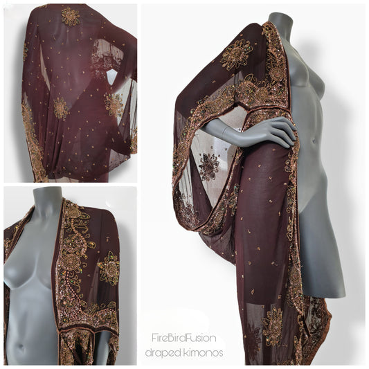 Draped chocolate brown kimono with elaborated hand embrodery in bronze and green (M)