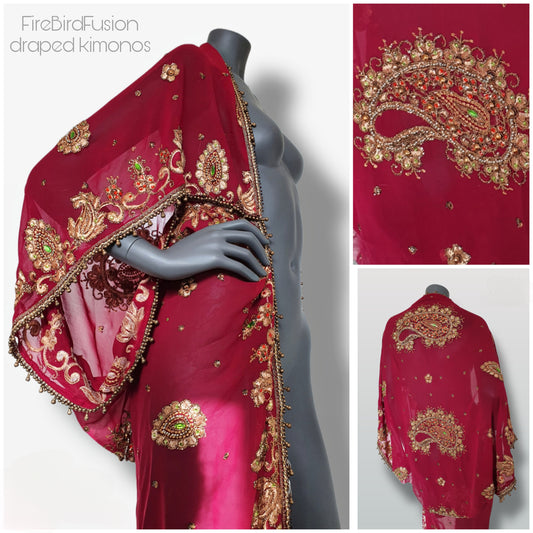 Draped kimono, dark red with elaborated embrodery and beaded trim (L)