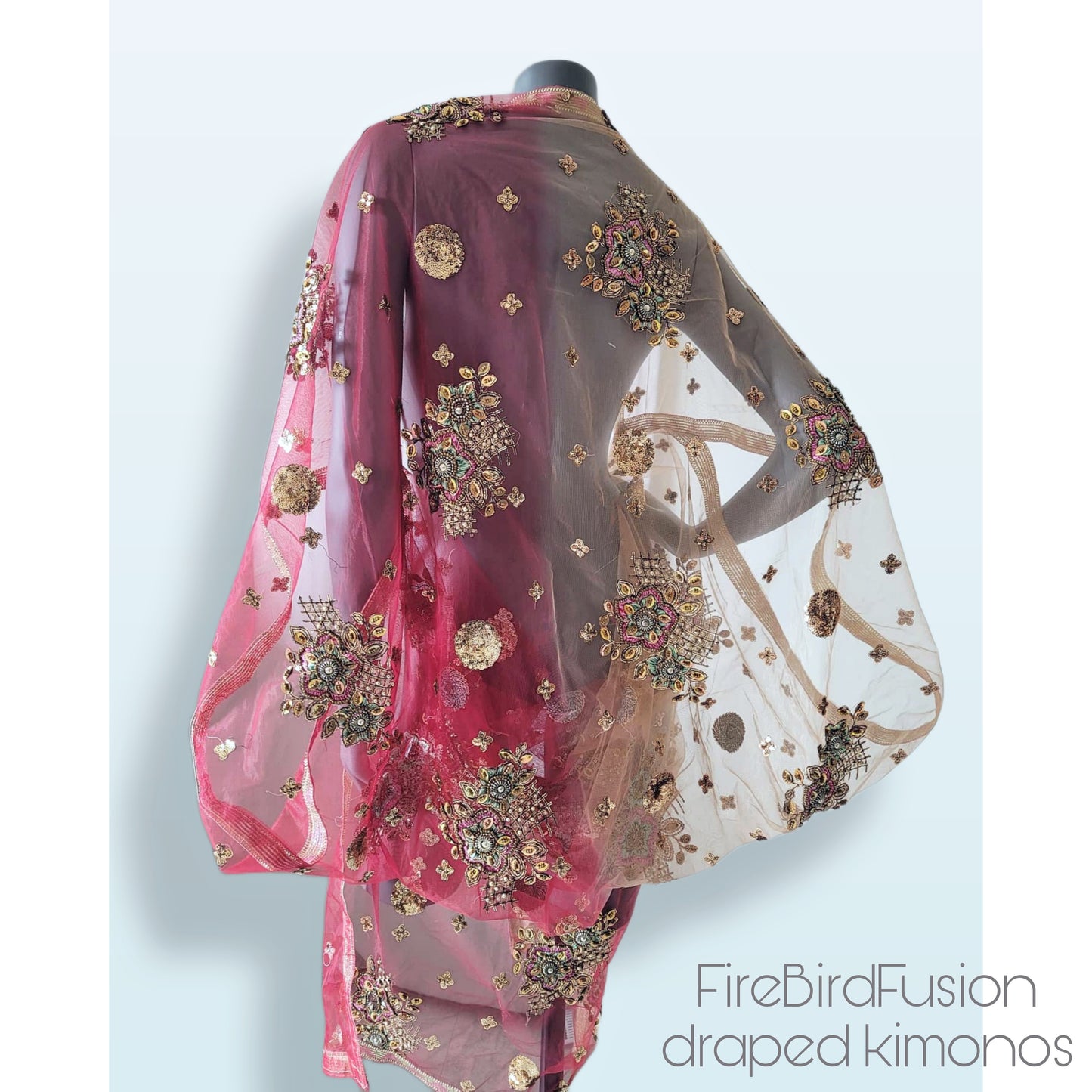 Draped short kimono in warm wine red & ivory with beautiful hand embrodery with glass beads (M-L)