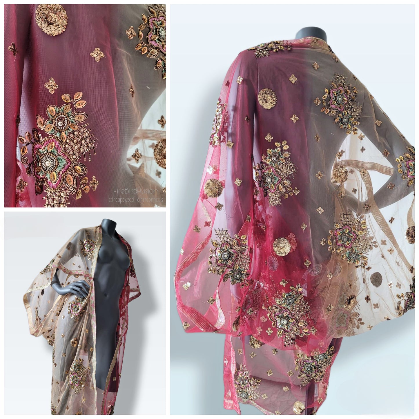 Draped short kimono in warm wine red & ivory with beautiful hand embrodery with glass beads (M-L)