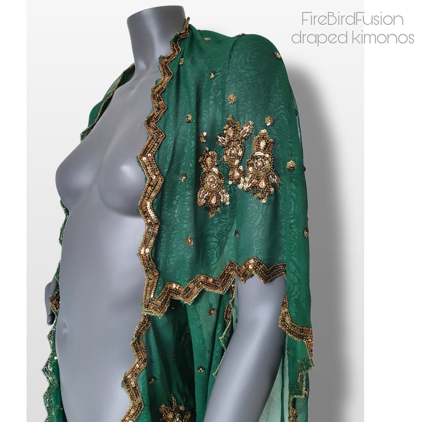 Luxurious draped kimono, beautifully printed forest green fabric with elaborated hand embroidery with golden beads (M)