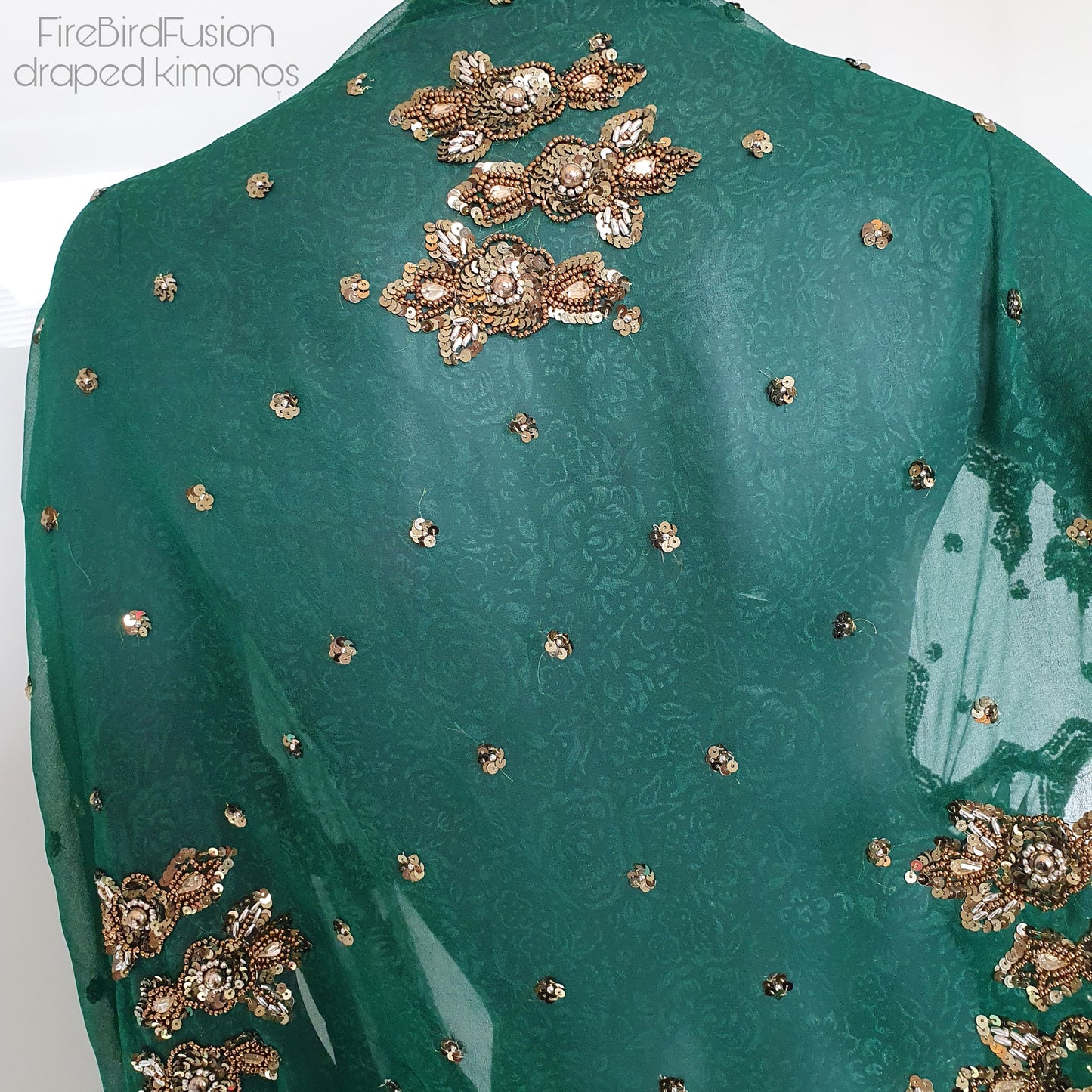 Luxurious draped kimono, beautifully printed forest green fabric with elaborated hand embroidery with golden beads (M)
